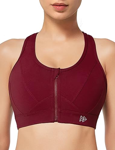 Yvette Zip Front Sports Bra - High Impact Sports Bras for Women Plus Size Workout Fitness Running,Burgundy,S