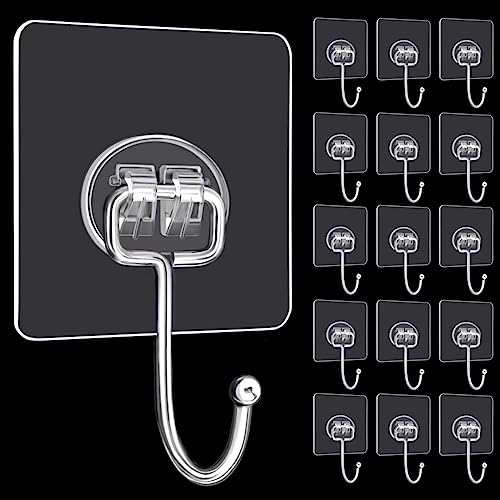 DKHDBD Large Adhesive Hooks, 16-Pack Hold 44lb(Max) Heavy Duty Sticky Hooks, Waterproof Transparent Hooks for Hanging, Self-Adhesive Traceless Clear Wall Hooks to Use for Keys Robe & Towel