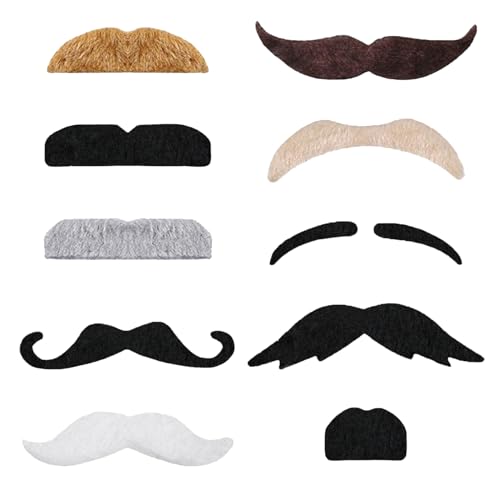KICNIC 60 Pcs Fake Mustaches Self Adhesive (10 Designs) Novelty Hairy Beard Costume Facial Hair for Christmas Party Supplies Decorations, Suitable for All Ages
