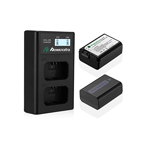 Powerextra 2 Pack Replacement Sony NP-FW50 Battery and Smart LCD Display Dual USB Charger Compatible for Sony ZV-E10, Alpha a6500, a6300, a6000, a7s, a7, a7s ii, a7s, a5100, a5000, a7r, a7 ii Camera