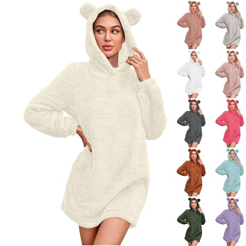 Kawaii Sherpa Hoodies for Women Cute Bear Pajamas Pullover Comfy Soft Tunic Sweater Nightgown Mini Dress Womens Khaki Sweatshirt Dress Pajamas for Teen Girls Long Sleeve Sweater Jumpsuit