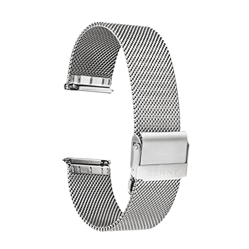 BERNY Stainless Steel Mesh Watch Band for Mens Women Quick Release Adjustable Watch Straps Thin Metal Bracelet with Safty Clasp 18mm, Silver