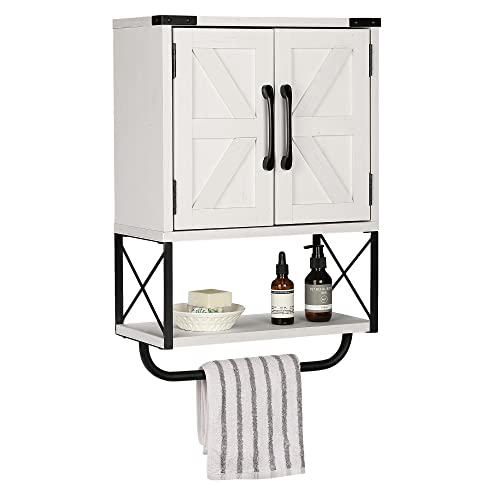 RUSTOWN Farmhouse Rustic Medicine Cabinet with Two Barn Door,Wood Wall Mounted Storage Cabinet with Adjustable Shelf and Towel Bar, 3-Tier Cabinet for Bathroom, Living Room(Vintage White)