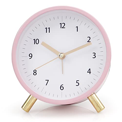 AOLOX Alarm Clock 4.5' Bedside Analog Alarm Clock for Bedroom Battery Operated Round Clock with Backlight, Pink