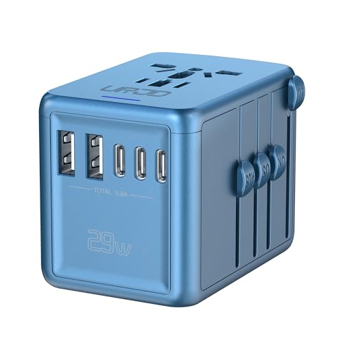 URJD Universal Travel Adapter Offers 5.8A 3X 3.0A USB-C Ports, 2X 2.4A USB-A Ports and Multi AC Outlet, International Power Plug Adaptor Worldwide Charger for EU US UK AU 200+ Countries