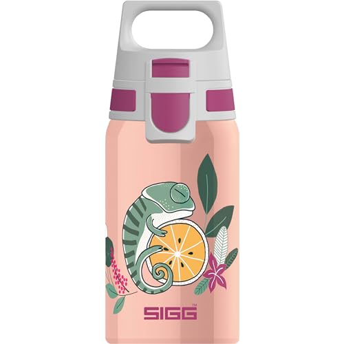 SIGG - Kids Water Bottle - Shield ONE Flora - Leakproof - Lightweight - BPA Free - Stainless Steel - Pink With Chameleon - 17 Oz