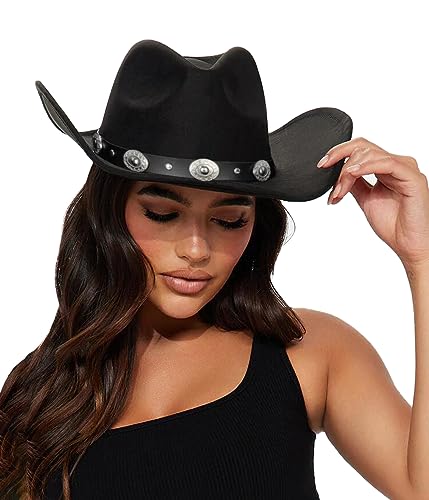 Eohak Womens Western Cowboy Hats Studded Pinched Western Cowgirl Hats Wide Brim Fedoras Hat with Belt Buckle M/L Black