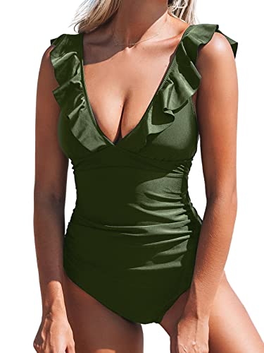 CUPSHE Women's Ruffled One Piece Swimsuit V Neck Lace Up Green
