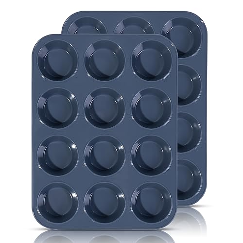 Vnray 2 Pack Silicone Muffin Baking Pan & Cupcake Tray 12 Cup - Nonstick Cake Molds/Tin, Silicon Bakeware, BPA Free, Dishwasher & Microwave Safe (12 Cup Size, Grey)
