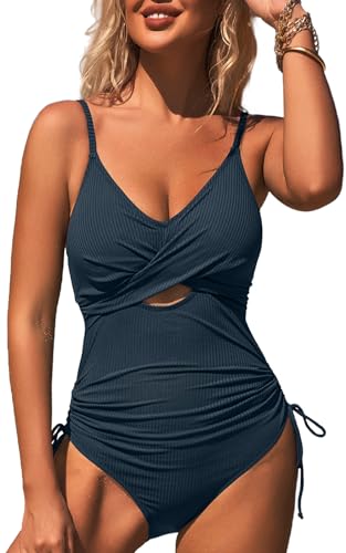 SOCIALA Ribbed One Piece Swimsuits Women Twist Front V Neck Bathing Suits Cutout High Waisted Ruched Monokini Swimwear Navy L