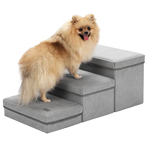 LEMONDA 3 Step Folding Dog Step Stairs,Foldable Dog Stairs with 3 Storage Boxes for High Bed & Sofa,Pet Storage Stepper & Safety Ladder for Cats Dogs up to 60 pounds