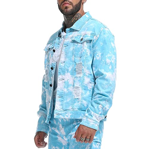 RANMCC Jean Jacket for Men Slim Fit Ripped Denim Jacket Coat (Large, Blue3071)