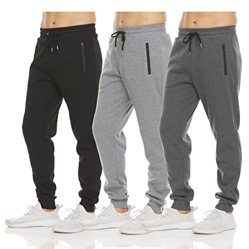 PURE CHAMP Mens 3 Pack Fleece Active Athletic Workout Jogger Sweatpants for Men with Zipper Pocket and Drawstring Size S-3XL(Medium, Set 1)