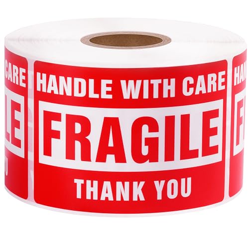 LuckyGuard 3 x 2 Inch Handle with Care 500 Fragile Stickers for Shipping Moving Glass Permanent Adhesive Fragile Labels (1 Roll, 500 Labels)