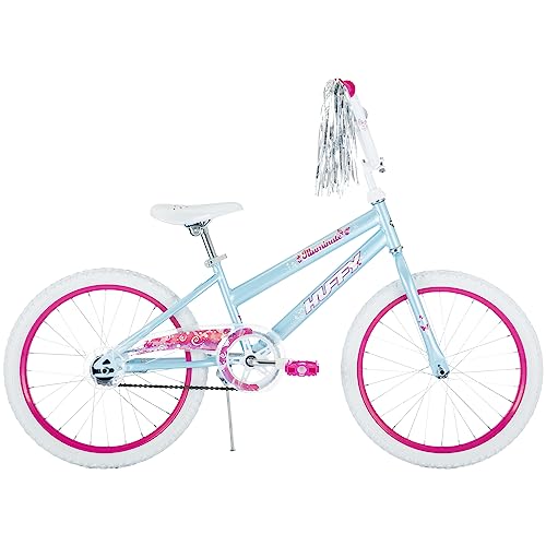 Huffy Illuminate 20” Girl’s Bike, Sky Blue Frame with Butterfly Graphics, Kickstand Included, Streamers and Chain Guard, White Tires and Pink Rims