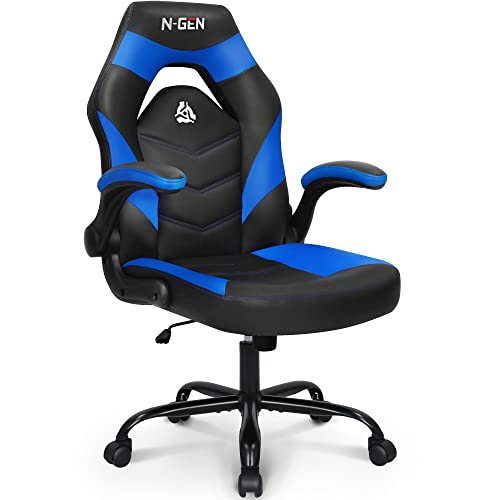 N-GEN Video Gaming Computer Chair Ergonomic Office Chair Desk Chair with Lumbar Support Flip Up Arms Adjustable Height Swivel PU Leather Executive with Wheels for Adults Women Men (Blue)