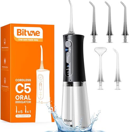 Bitvae Water Dental Flosser for Teeth, Cordless Water Teeth Cleaner Picks, 3 Modes 5 Intensities, IPX7 Waterproof Water Flosser, 6 Tips Rechargeable Water Dental Picks for Cleaning - Black