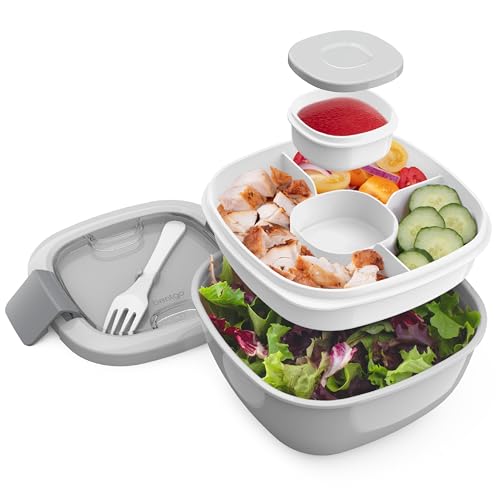 Bentgo All-in-One Salad Container - Large Salad Bowl, Bento Box Tray, Leak-Proof Sauce Container, Airtight Lid, & Fork for Healthy Adult Lunches; BPA-Free & Dishwasher/Microwave Safe (Gray)