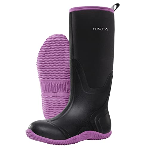 HISEA Women's Rain Boots, Knee High Rubber Boots Waterproof Insulated Neoprene Muck Boots, Durable Anti-Slip Outdoor Work Boots for Hunting Gardening Farming Yard Mud Working, Size 8 Purple