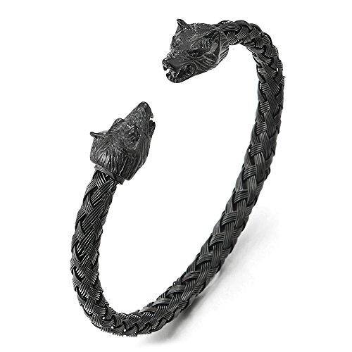 COOLSTEELANDBEYOND Mens Wolf Head Bracelet Steel Braided Cable Bangle Cuff Bracelet Black Polished, Adjustable