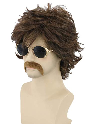 LeMarnia 70s Mens Wigs Brown Short Wavy Shaggy Wig Cosplay Halloween Costume Wigs+Wig Cap and Beard