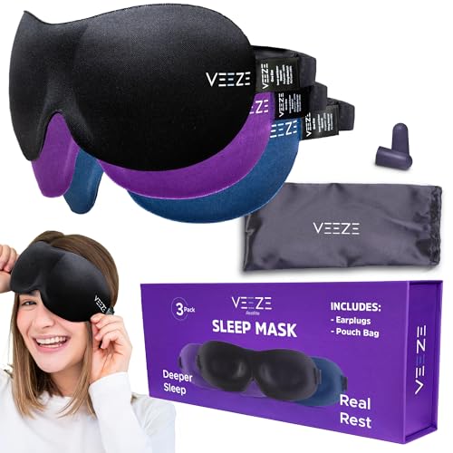 VEEZE Sleep Mask for Sleep – 3 Pack Sleeping Mask - Soft Eye Mask for Sleep Adjustable Elastic Strap - Sleep Masks for Women & Men - Eye Covers for Sleeping Polyester - Blackout Eye Mask for Sleeping