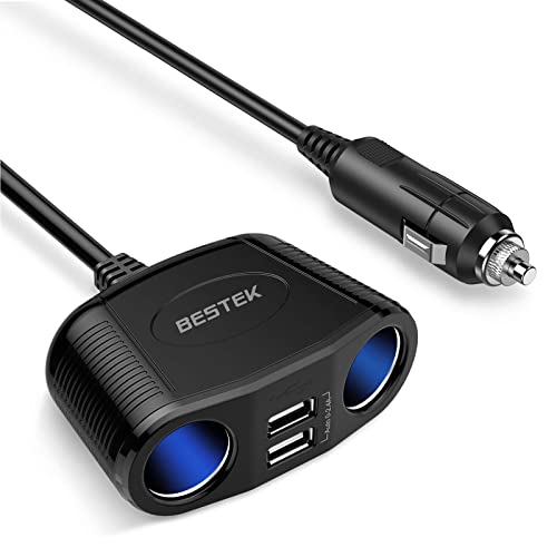 BESTEK 150W 2-Socket Car Cigarette Lighter Splitter Power Adapter DC Outlet Car Charger Dual 2.4A USB with 26 Inches Cord for Cellphone GPS Dash Cam