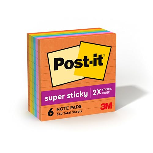 Post-it Super Sticky Recycled Notes, 4x4 in,2x the Sticking Power, Energy Boost Collection, 30% Recycled Paper (675-6SSUC), 6 Count (Pack of 1)