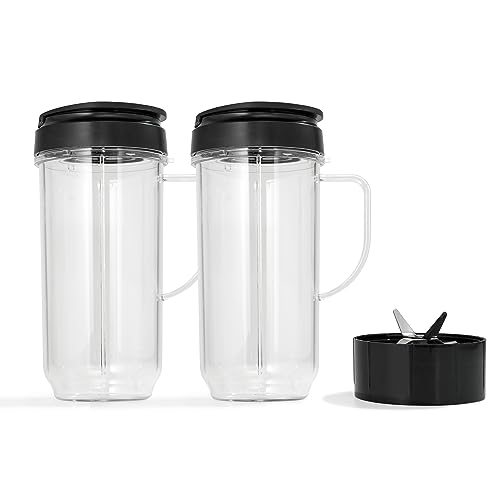 2 Blender Cups 22oz & Blade Replacement Set for Magic Bullet 250W MB1001 Blenders (2 Containers / 2 Sip-To-Go Lids / 1 Extractor Blade w/Gasket)