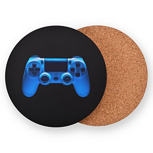 Video Game Joystick Gamepad in Blue Neon Lights Isolated on Black 4 Pcs Tea Wooden Round Coaster Set, Non-Slip Lightweight Wooden Coaster for Party Home Office Kitchen Bar Coffee Table