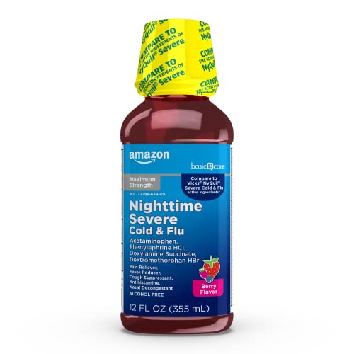Amazon Basic Care Nighttime Severe Cold and Flu Syrup, Max Strength Liquid Medicine, Multi-Symptom Relief, for Adults and Children 12 Years and Older, Mixed Berry Flavor, 12 fl oz (Pack of 1)