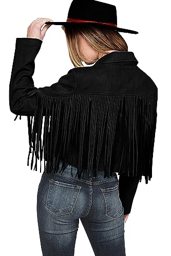 PRETTYGARDEN Women's Fringe Faux Suede Leather Jackets 2024 Fashion Tassel Motorcycle Cropped Coats (Black,Medium)