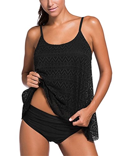 Nicetage Women's Layered Lace Mesh Swimsuit Solid Ruched Bikini Set Tankini Bathing Suit 41962（Black, XXL