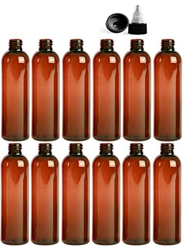 Premium Essential Oil 8 Ounce Cosmo Round Bottles, PET Plastic Empty Refillable BPA-Free, with Black/Natural Twist Top Caps (Pack of 12) (Amber)