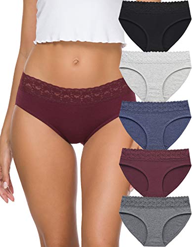 GNEPH Cotton Hipster Panties for Women Underwear Lace Bikini Hip-huggers Panties 5 Pack(218L-Dark-WR)