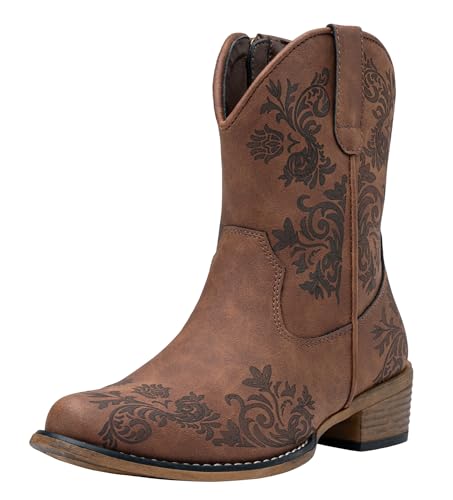 Jeossy Women's 9805 Cowboy Boots Brown, Western Booties Cowgirl Ankle Boots Square Toe for Women with Zipper Size 8.5(DJY9805 brown 08.5)