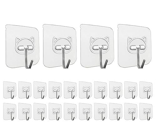 Elegana Adhesive Hooks for Hanging 24 Pack,Heavy Duty Wall Hooks 33 lbs 304 Stainless Steel Self Adhesive Sticky Hooks Waterproof Bathroom Hooks Transparent Sticky Hooks for Kitchen Glass Door