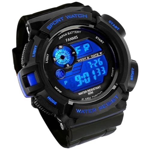 Fanmis Mens Military Multifunction Digital LED Watch Electronic Waterproof Alarm Quartz Sports Watch (Blue)