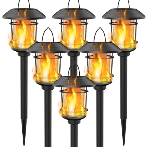 Dynaming 6 Pack Solar Flame Torch Lights Outdoor, Dual Use Flickering Flame Garden Light, Hanging Lantern Lights, Auto On/Off & Waterproof Landscape Lighting for Lawn Patio Yard Walkway Driveway