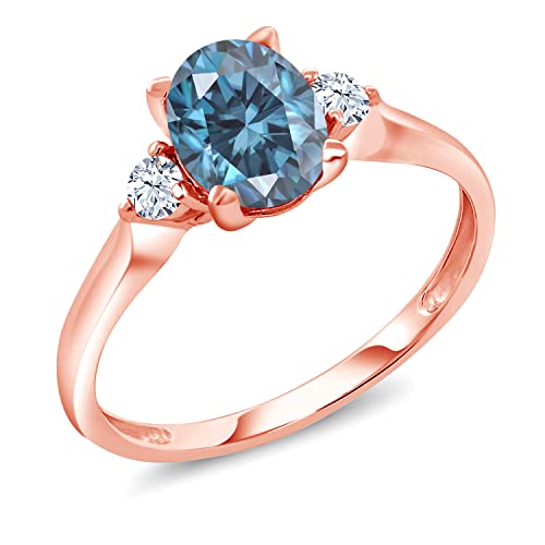 Gem Stone King 10K Rose Gold Oval Persian Blue Moissanite and White Created Sapphire Engagement Ring For Women (1.48 Cttw, Oval 8X6MM and Round 2.5MM, Available In Size 5, 6, 7, 8, 9)