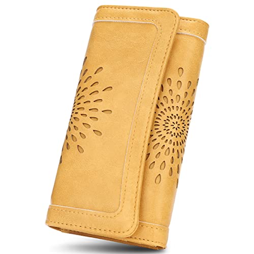 APHISON Ladies Soft Leather RFID Long Wallet Trifold Clutch Purse Credit Card Holder Case for Women With Gift Box 2214 Yellow