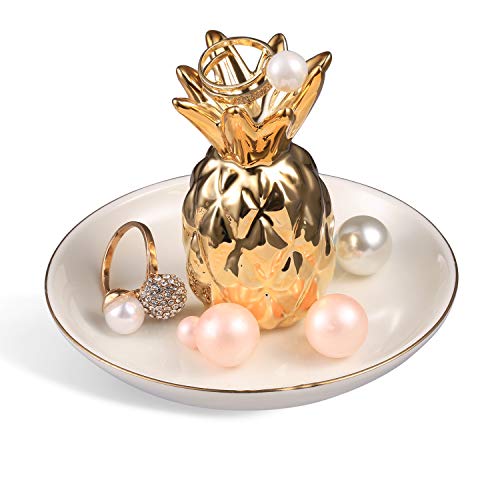 ROSA&ROSE Lucky Golden Pineapple Ceramic Trinket tray Jewelry Dish Ring Holder Home Decor (Gold Pineapple)