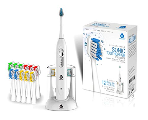 Pursonic S430 SmartSeries Electronic Power Rechargeable Sonic Toothbrush with 40,000 Strokes Per Minute, 12 Brush Heads Included (White)