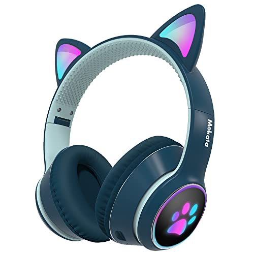 Mokata Gaming Bluetooth 5.0 Wireless Headphones Over Ear Cat LED Light Foldable Music Headset with AUX 3.5mm Microphone (Built-in) for Adult & Kids PC TV Game Music Pad Laptop Cellphone Navy Blue