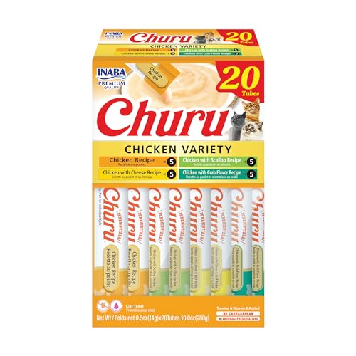 INABA Churu Cat Treats, Lickable, Squeezable Creamy Purée Cat Treat with Green Tea Extract & Taurine, 0.5 Ounces Each Tube, 20 Tubes, Chicken Variety Box