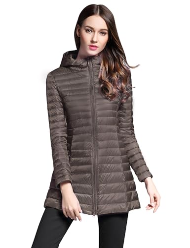 ELEZAY Women's Packable Down Jacket Ultra Light Mid Length Puffer Coats Quilted for Winter with Hood Long Sleeve Coat Two Way Zipper Large, Khaki