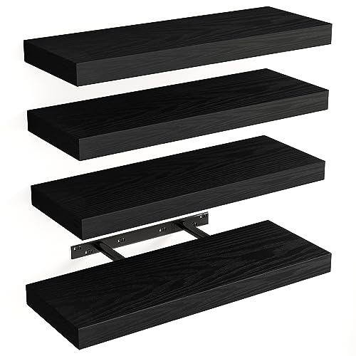 Fixwal 15.8in Floating Shelves, Rustic Wood Finish Wall Shelves Set of 4, Shelves for Wall Decor, with Invisible Brackets for Bathroom, Living Room,Bedroom and Kitchen(Black)