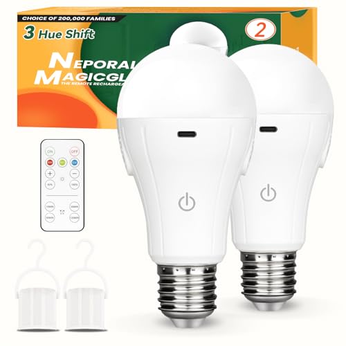 Neporal MagicGlow Rechargeable Light Bulbs with Remote, 3 Hue Shift + Dimmable Battery Powered Light Bulbs, USB Rechargeable, A19 Standard Size Emergency LED Light Bulbs, 15W, Up to 24 Hours, 2 Pack