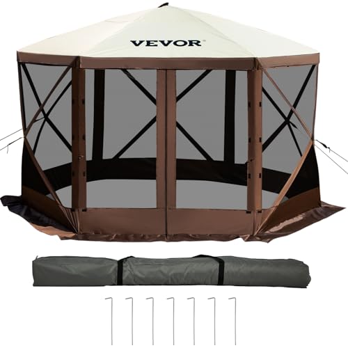 VEVOR Gazebo Screen Tent, 10 x 10 ft, 6 Sided Pop-up Camping Canopy Shelter Tent with Mesh Windows, Portable Carry Bag, Ground Stakes, Large Shade Tents for Outdoor Camping, Lawn and Backyard