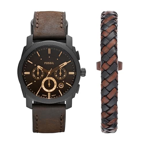 Fossil Men's Machine Quartz Stainless Steel Chronograph Watch and Bracelet Set, Color: Black, Dark Brown (Model: FS5251SET)